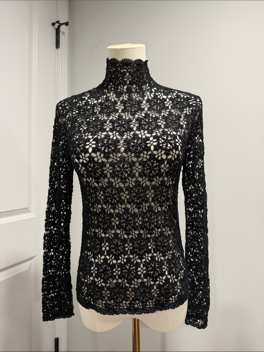 NWOT Vintage Ralph Lauren Black hand knit Crochet Mock Neck Long-Sleeve Top